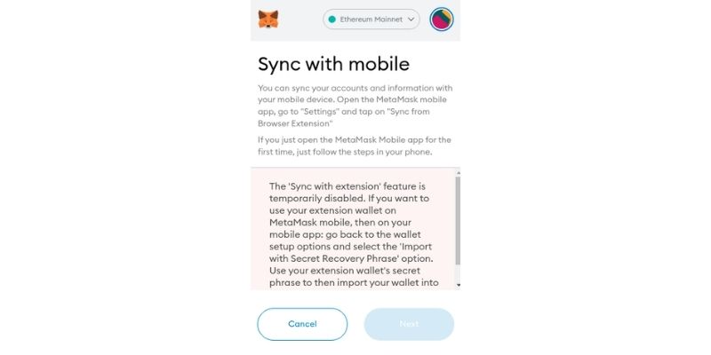 metamask mobilna sinhronizacija je onemogućena